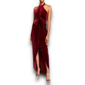 Black Halo, Estelle Smashing Berry High-Low Velvet Halter Bow Gown, Women’s 4